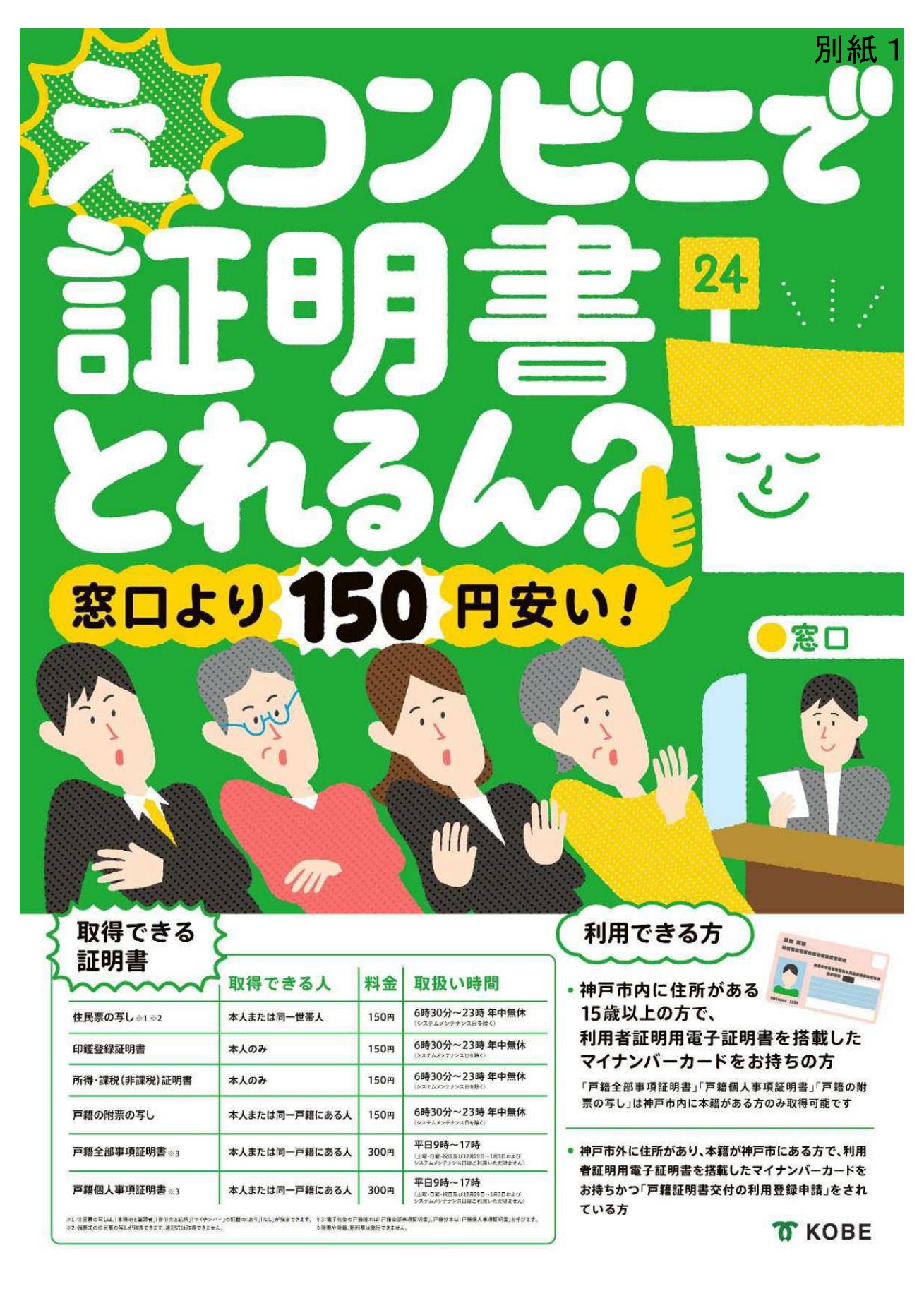 コンビニで証明書 窓口より150円安い 啓発ポスター 神戸市