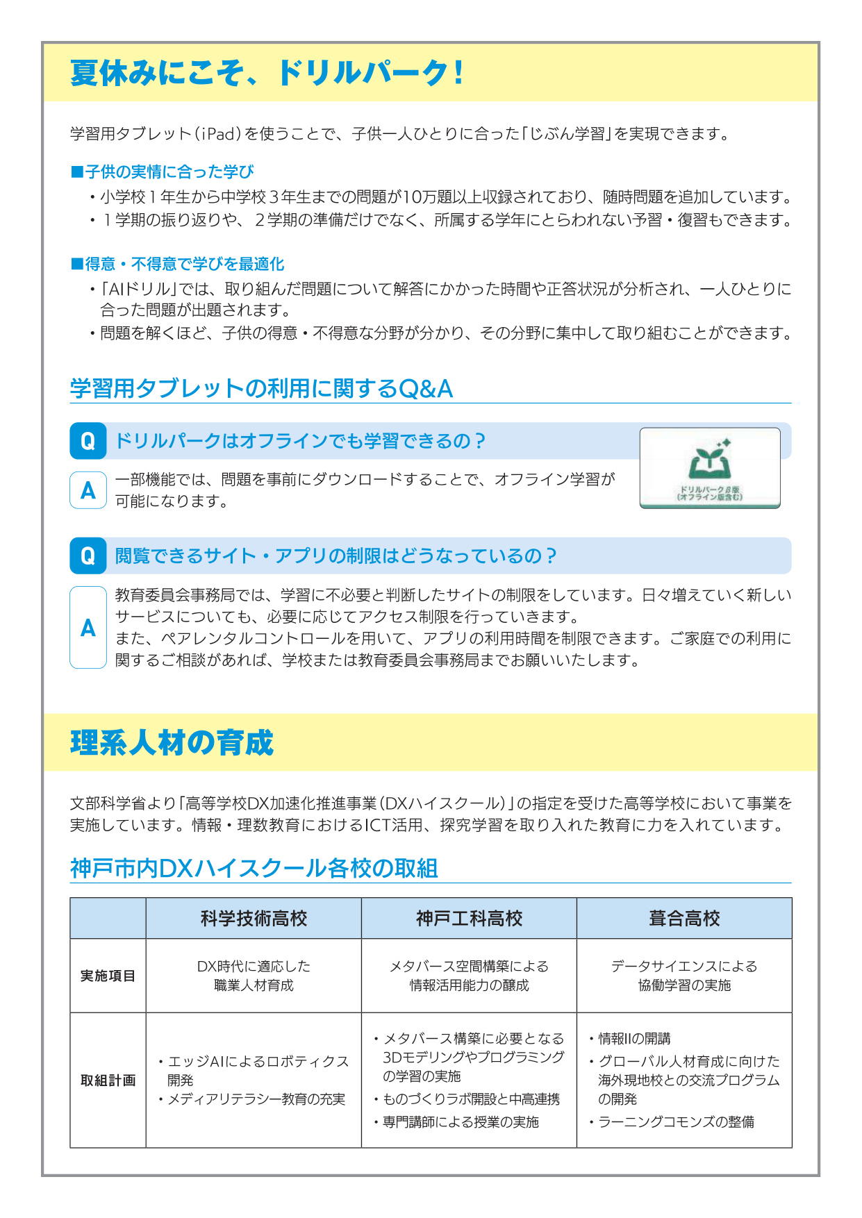神戸市教育委員会だより7月号 夏休みにこそ、ドリルパーク／理系人材の育成