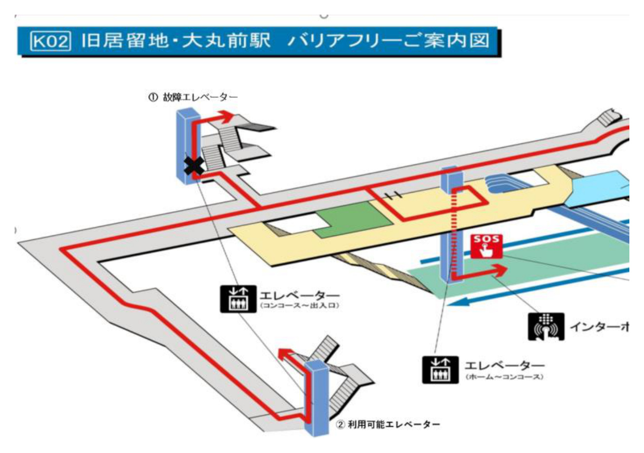 旧居留地・大丸前駅 バリアフリーご案内図(故障エレベーターと代替ルート)