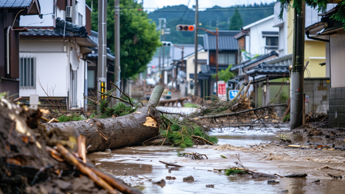 住宅地の道路に倒れた木のイメージ